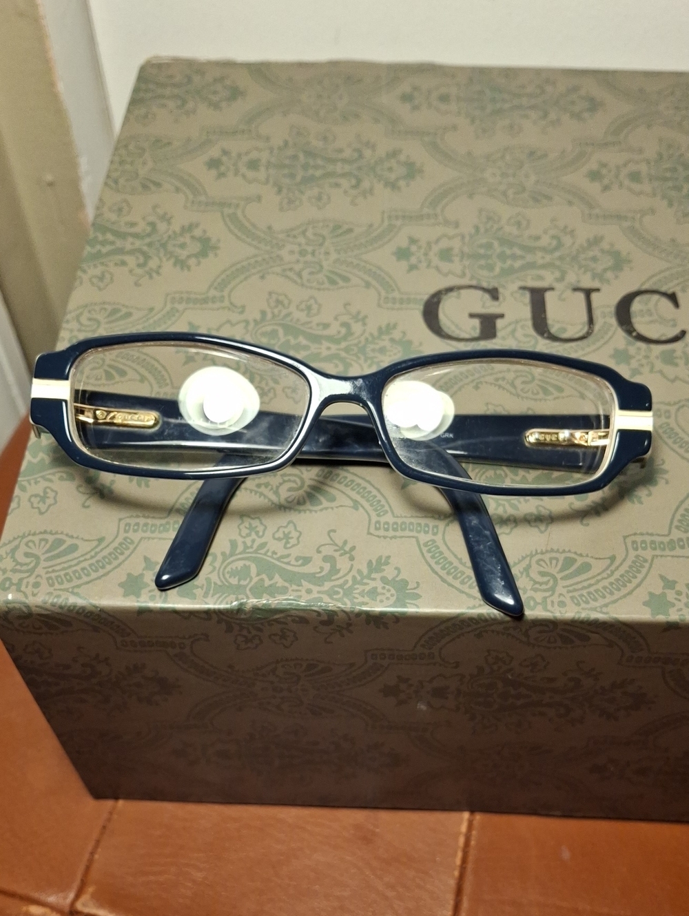 Gucci Navy and White Rectangular Eyeglasses with Gold Accents